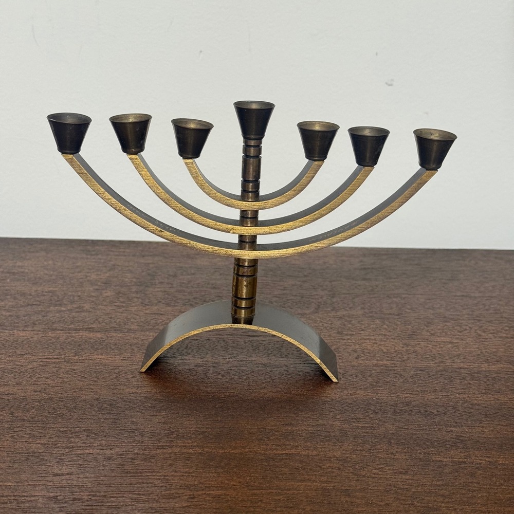 Vintage Brass Menorah 7 Branch Jerusalem Hebrew MCM Judaica Hanukkah 5x7
